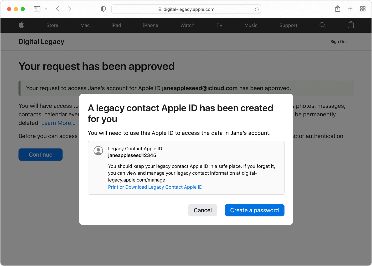 After your Legacy Contact request is approved, a message lets you know that a legacy contact Apple ID has been created for you. You can print or download this Legacy Contact Apple ID, or tap the blue Create a password button.