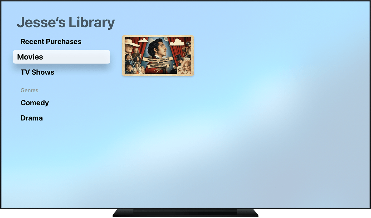 Apple TV afișează filmele din biblioteca lui Jesse.