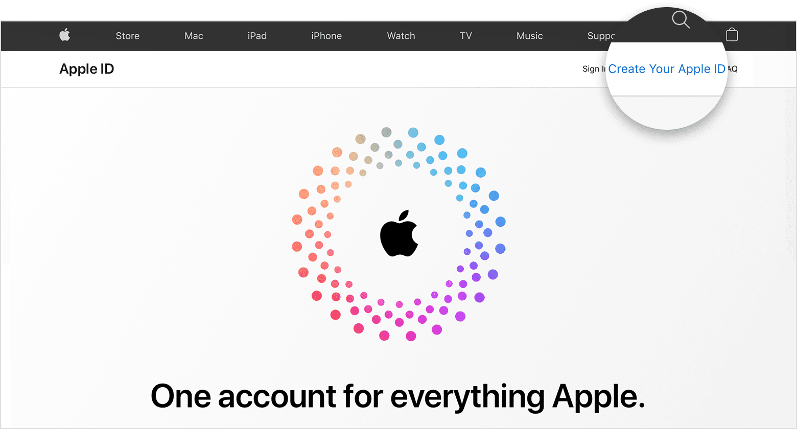 Снимок экрана со страницей appleid.apple.com, содержащий логотип Apple в центре экрана с разноцветными концентрическими кругами.