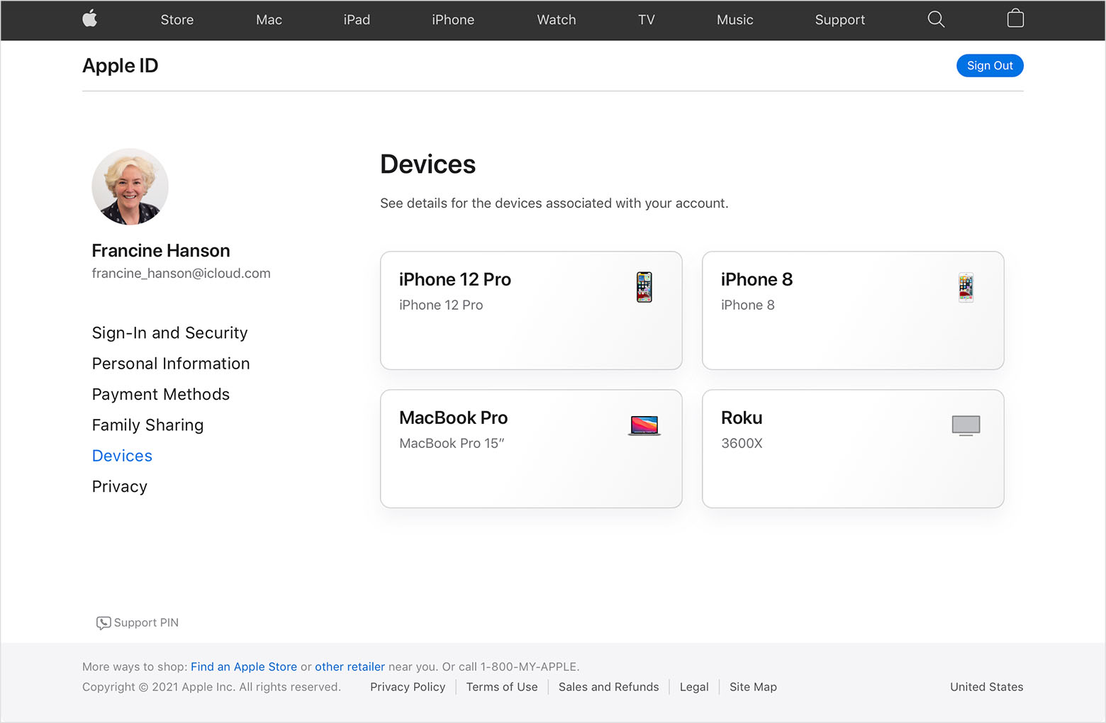 An image of appleid.apple.com showing three devices for Francine Hanson: an iPhone 12 Pro, a MacBook Pro, and a Roku.