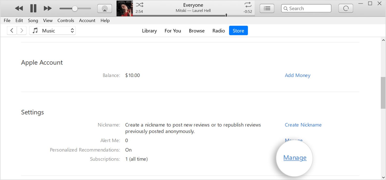 „iTunes“, atidaryta kompiuteryje, kuriame šalia prenumeratų rodomas mygtukas „Manage“ (tvarkyti).