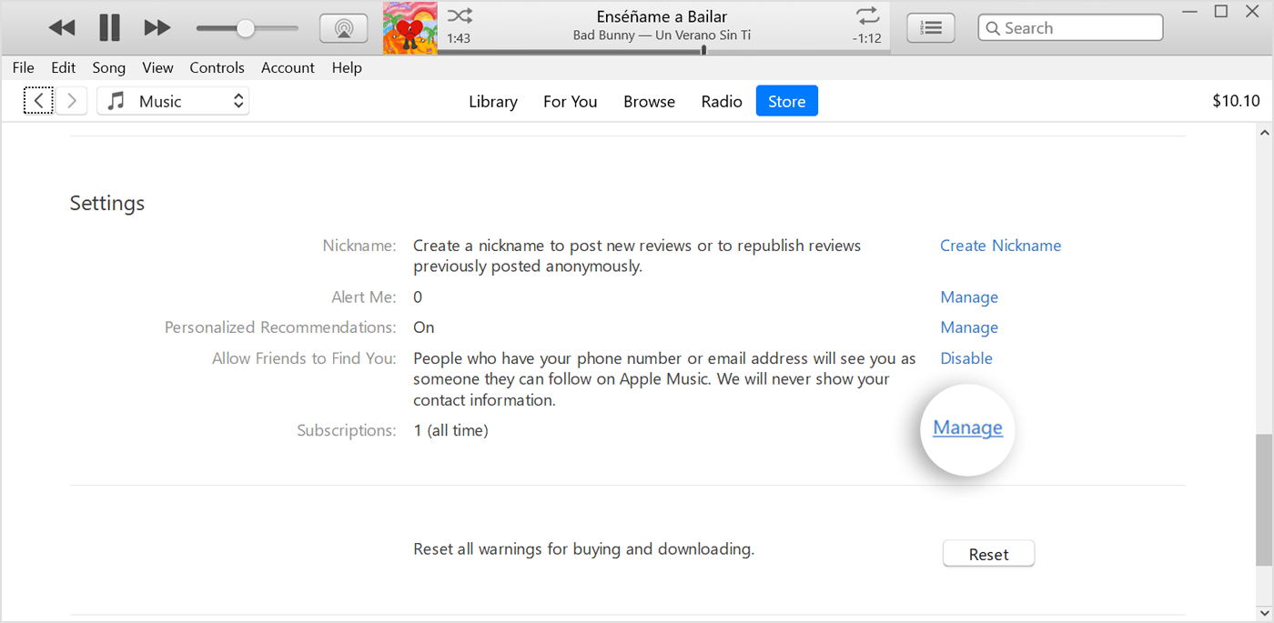 El botón Administrar junto a Suscripciones en iTunes.