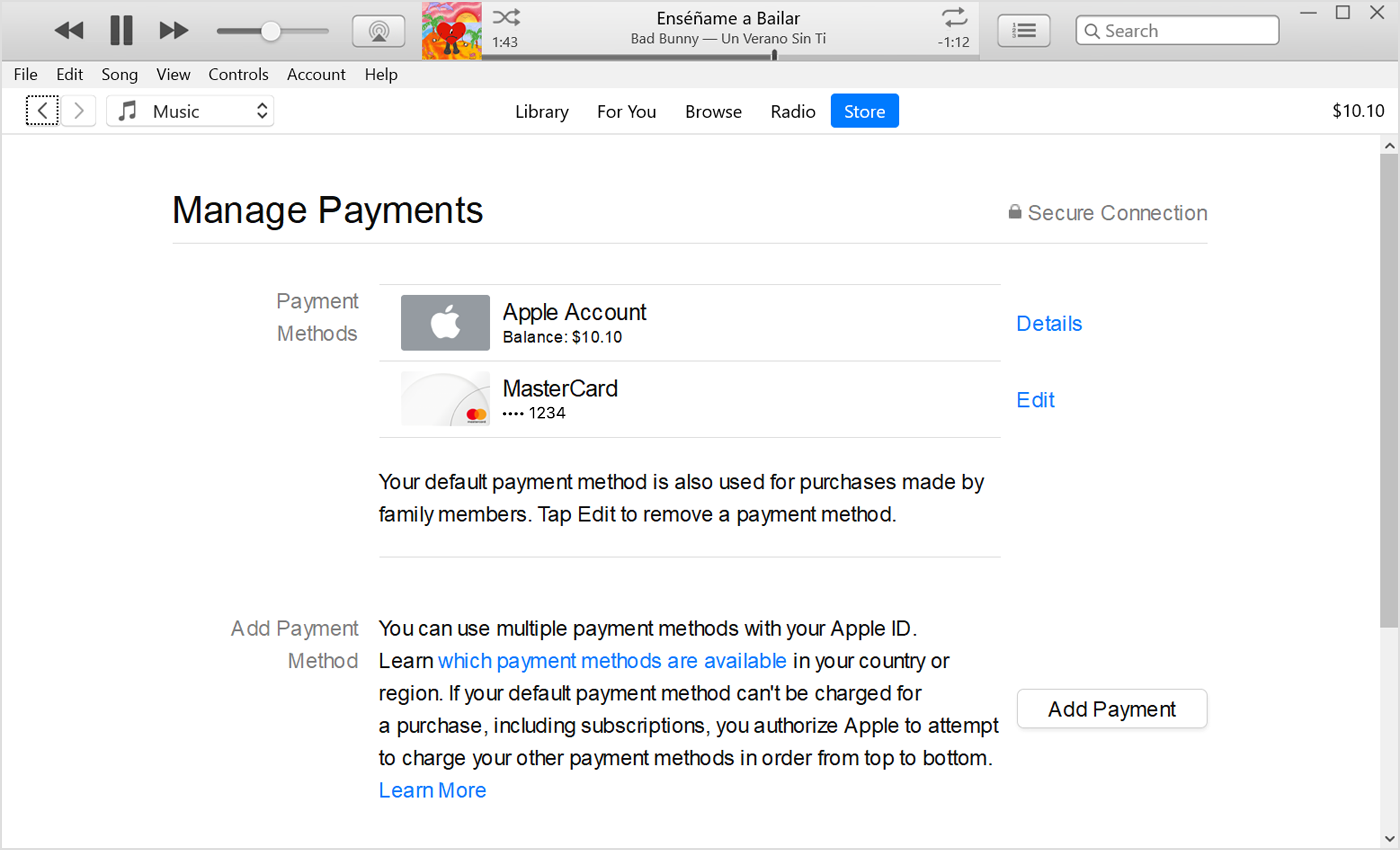 In iTunes on a PC, the Add Payment button appears below the list of payment methods.