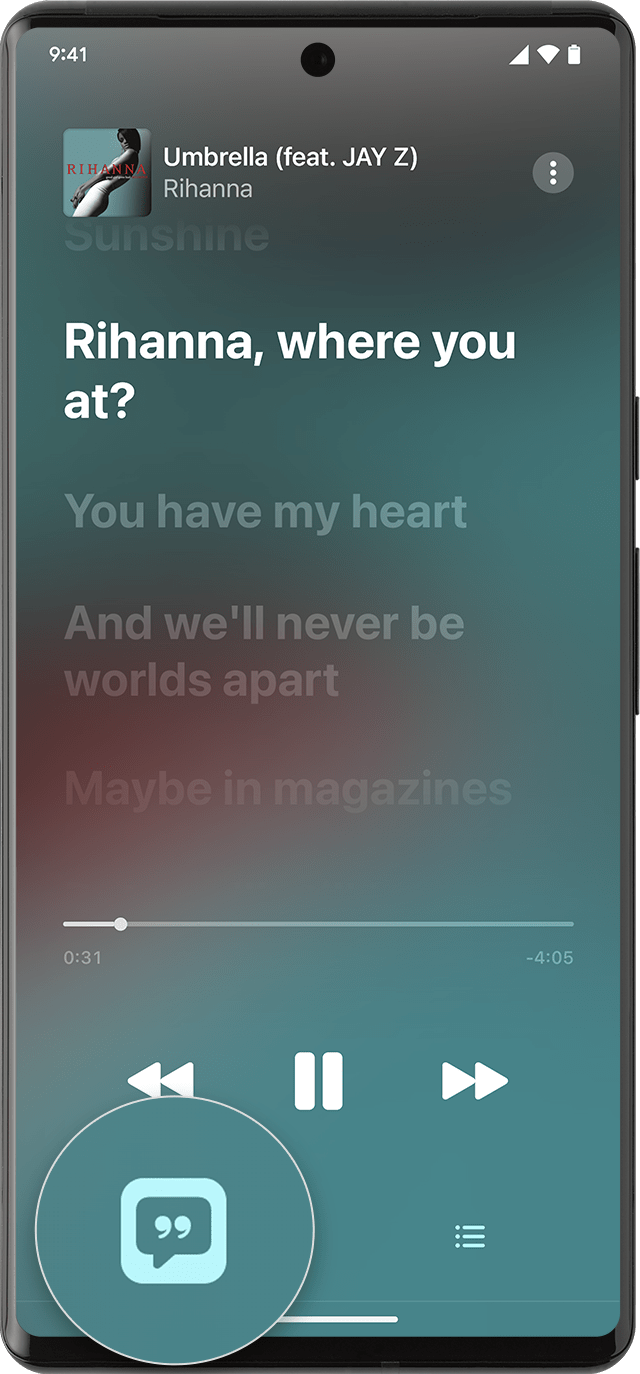 Android montrant les paroles synchronisées avec la musique