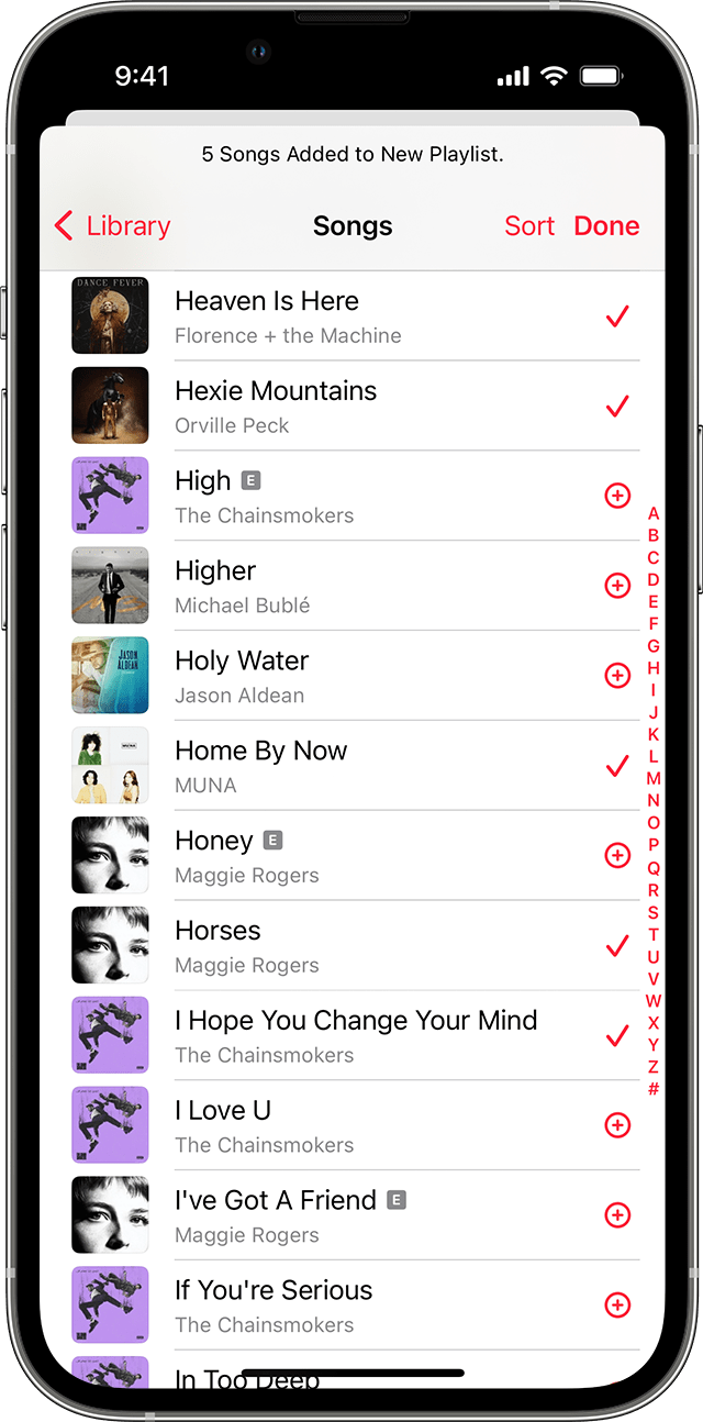 iPhone ekrāns, kurā redzams atskaņošanas saraksts Songs (Dziesmas).
