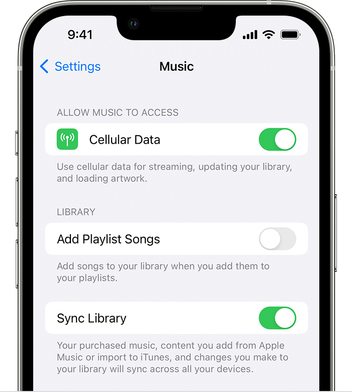 iPhone, kus on näha, et Music Settings (Muusikasätted) ja Sync Library (Sünkrooni teek) on sisse lülitatud