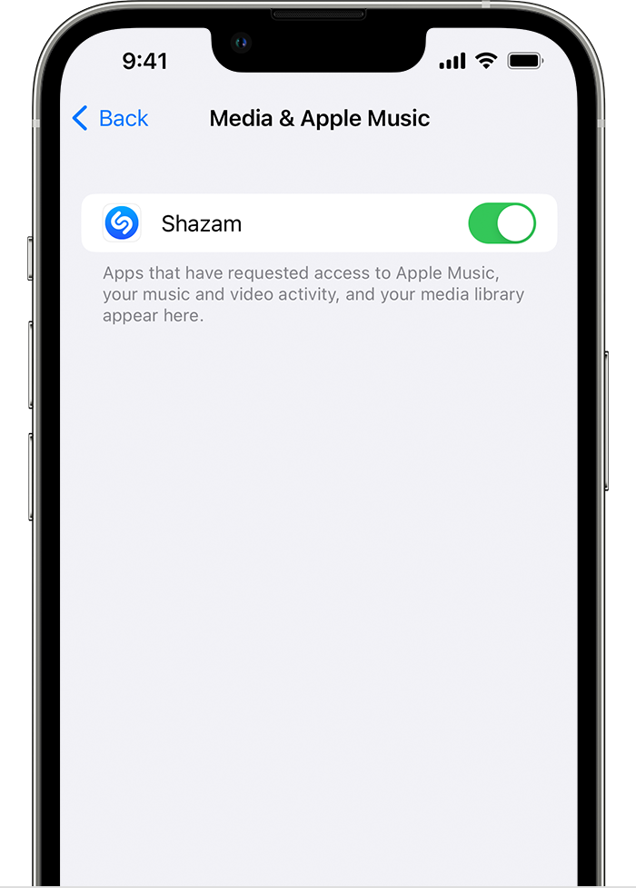 Zaslon naprave iPhone, ki prikazuje možnost »Media & Apple Music« (Predstavnost in Apple Music).
