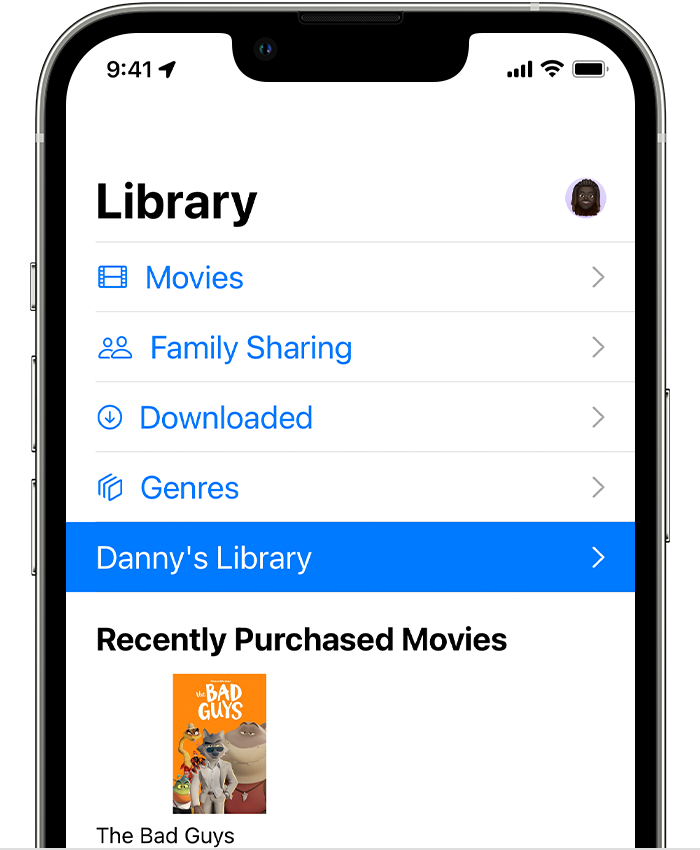 A shared library in the Apple TV app Library tab on an iPhone