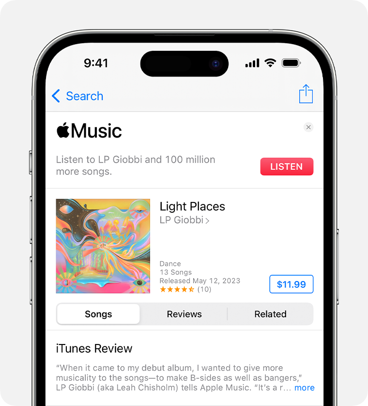 iPhone showing the price next to an album in the iTunes Store app