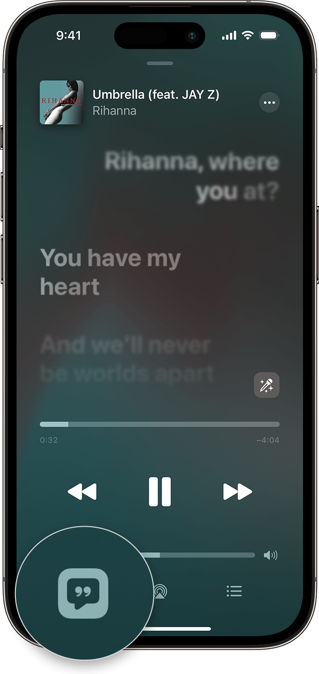 iPhone ierīce, kurā redzama poga Lyrics (Dziesmu vārdi)