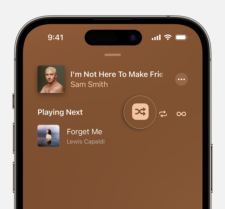 „iPhone“, kurio „Apple Music“ programos skilties „Playing Next“ (leidžiama toliau) viršuje rodomas mygtukas „Shuffle“ (maišyti)