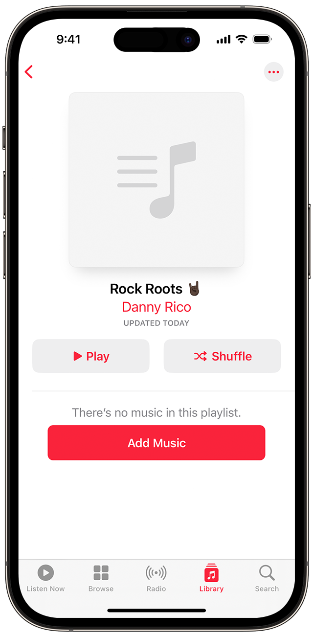iPhone, показващ екрана за новия плейлист и бутона за добавяне на музика
