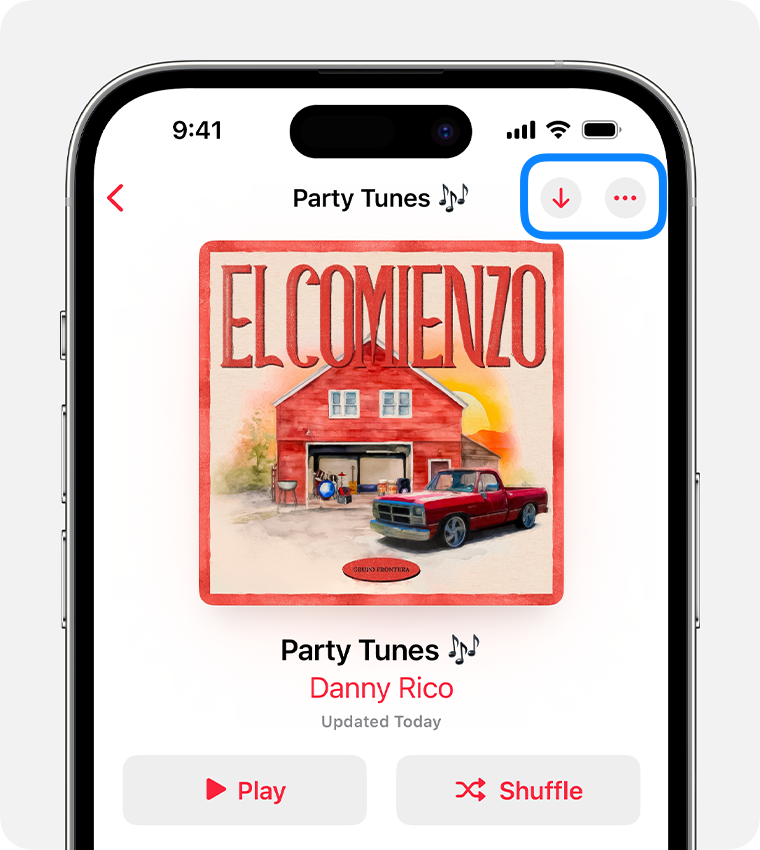 iPhone donde se muestra el botón Descargar y Más en la app Apple Music.