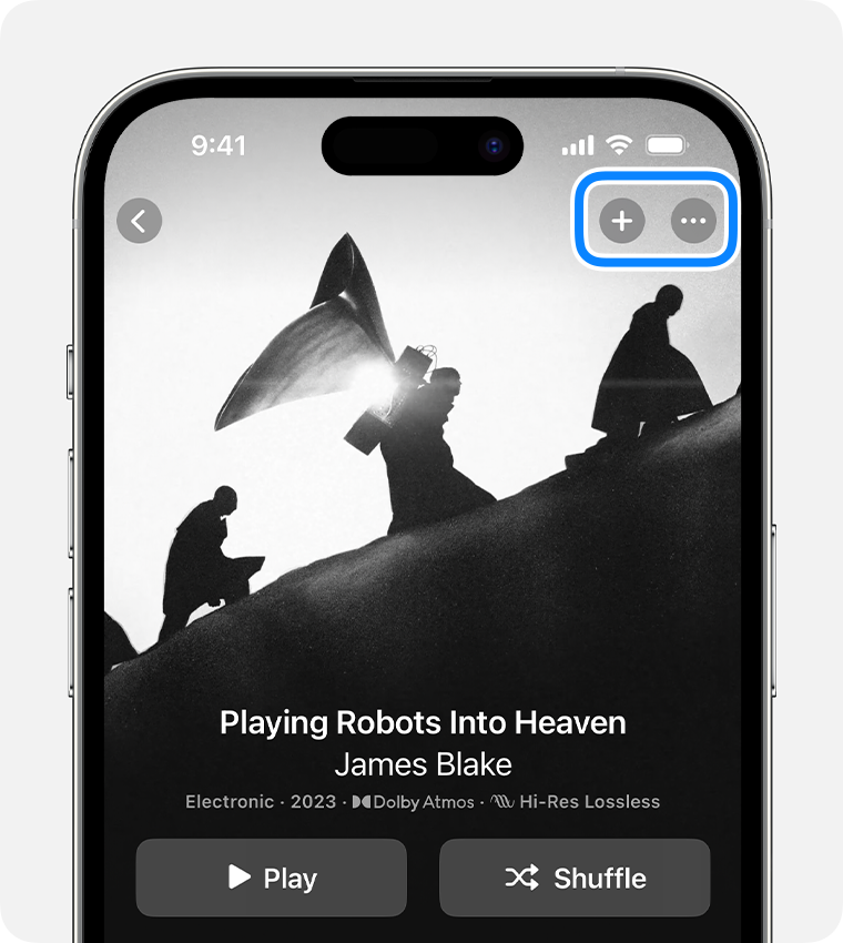 iPhone donde se muestra el botón Agregar y Más en la app Apple Music.