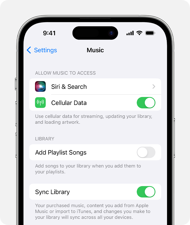 iPhone som viser at Synkroniser bibliotek er slått på i innstillingene for Apple Music.