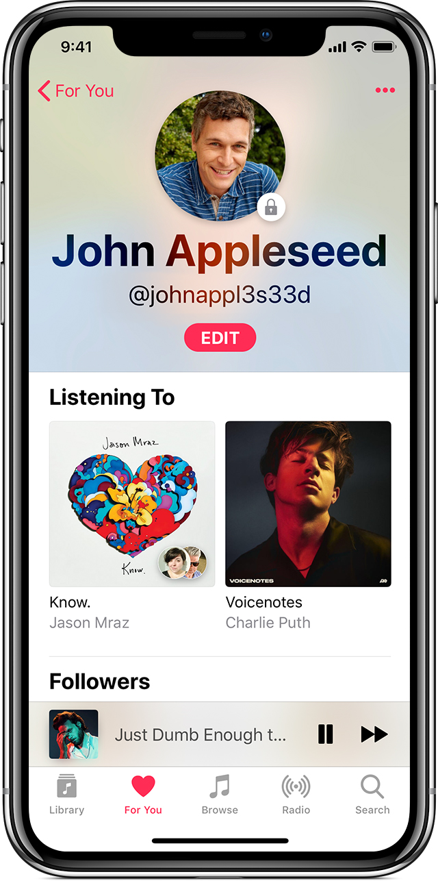 An iPhone X showing John Appleseed