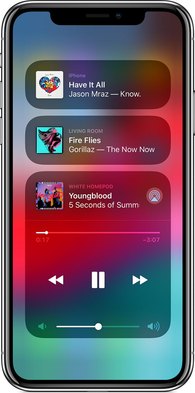 An iPhone X with the audio switcher in Control Center open.