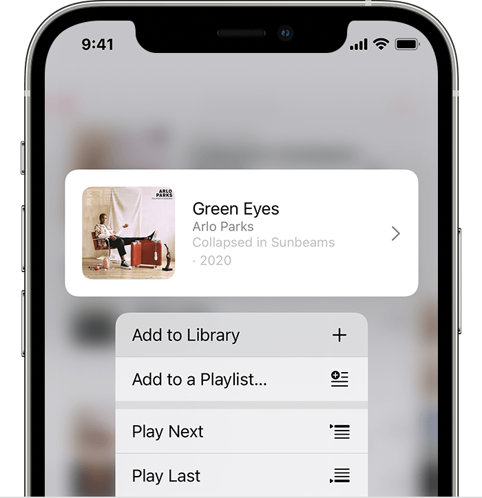 보관함에 노래를 추가할 수 있는 메뉴가 표시된 iPhone.
