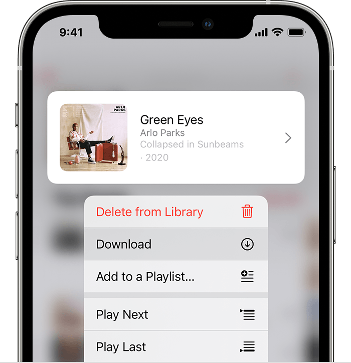 노래를 다운로드할 수 있는 메뉴가 표시된 iPhone