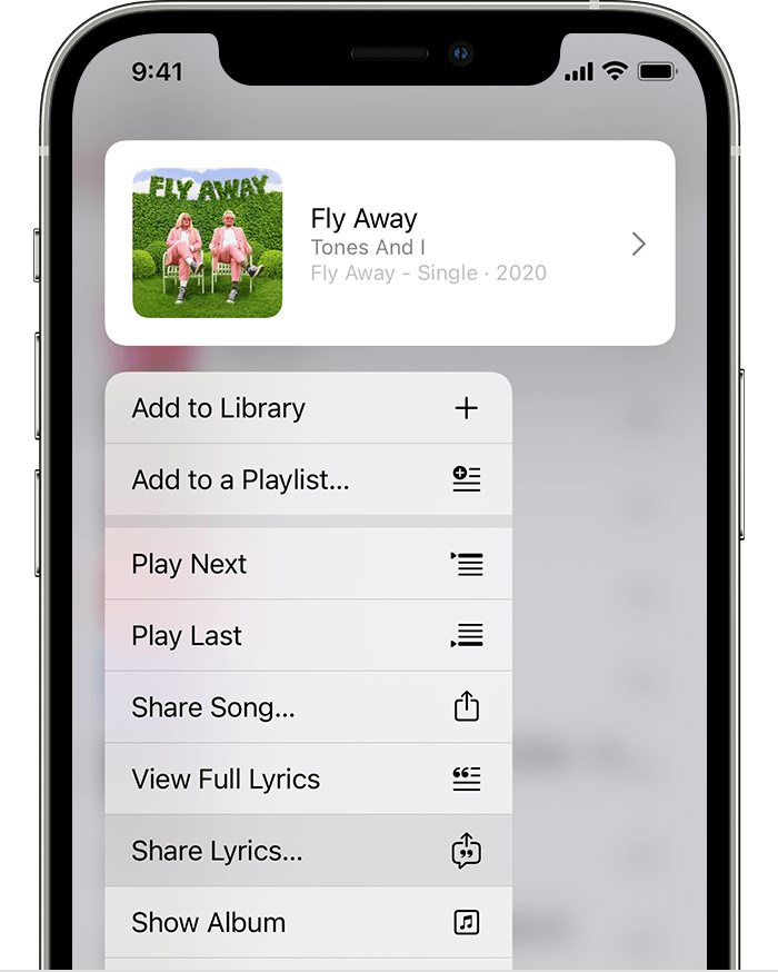 iPhone, mis näitab laulusõnade jagamise valikut