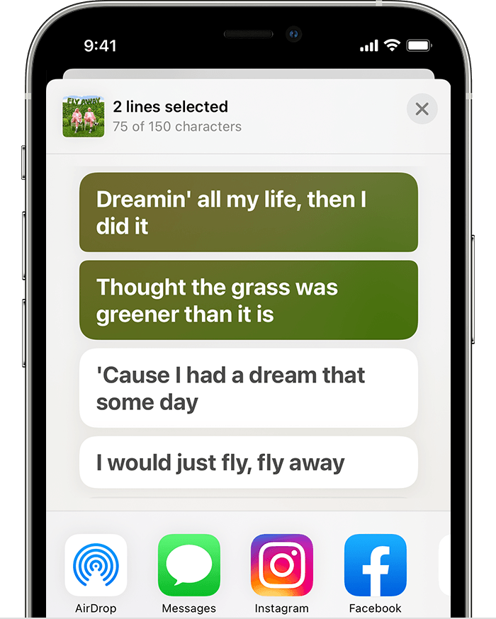 iPhone, kurā redzama kopīgošanas lapa ar divām rindiņām no atlasītās dziesmas vārdiem. 