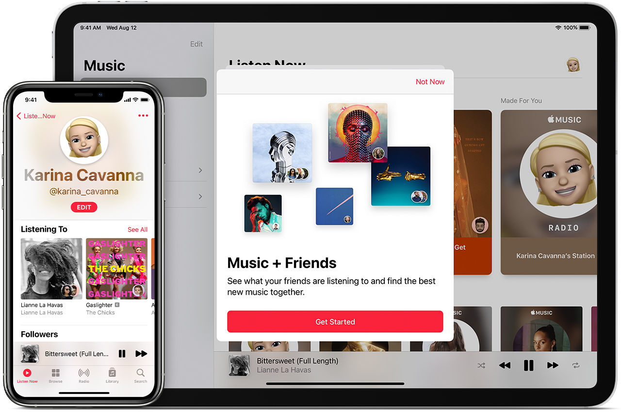 iPhone, v katerem je prikazan profil uporabnika v aplikaciji Apple Music. Računalnik Mac, v katerem je prikazan zaslon »Get Started« (Začetek) za ustvarjanje novega profila v aplikaciji Apple Music.