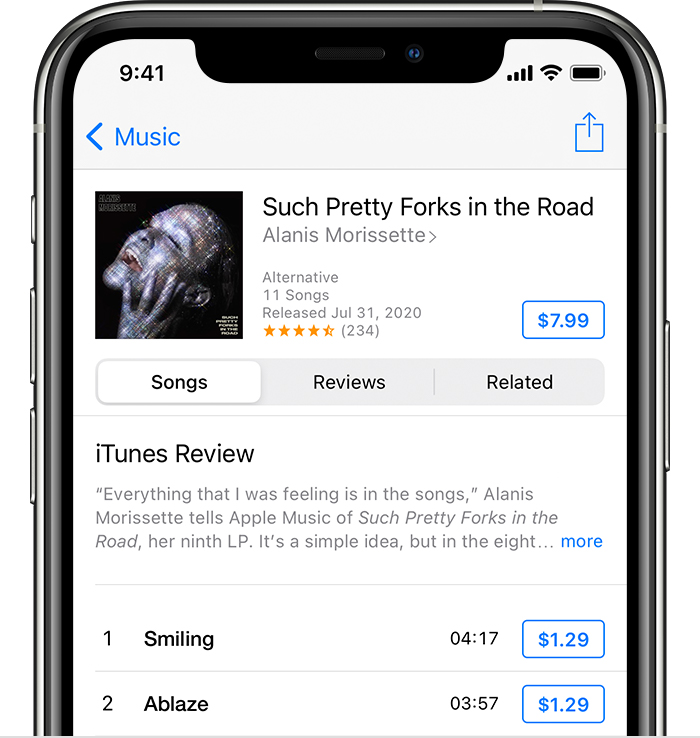 iPhone showing an album you can buy in the iTunes Store