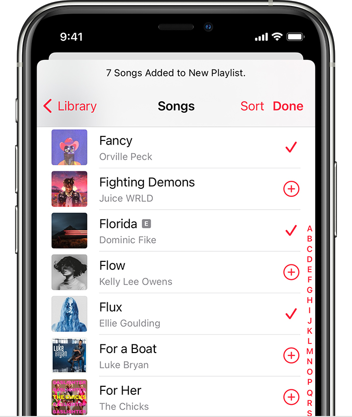 The iPhone is showing 7 songs added to a new playlist