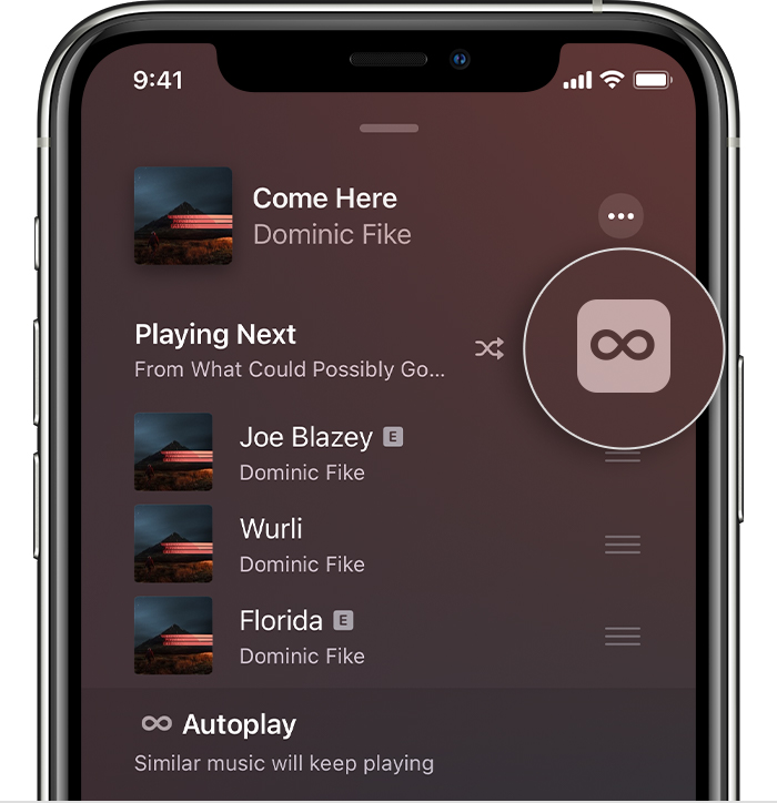 iPhone, на който се показва бутонът Autoplay (Автоматично възпроизвеждане) на екрана Playing Next (Предстои за възпроизвеждане)