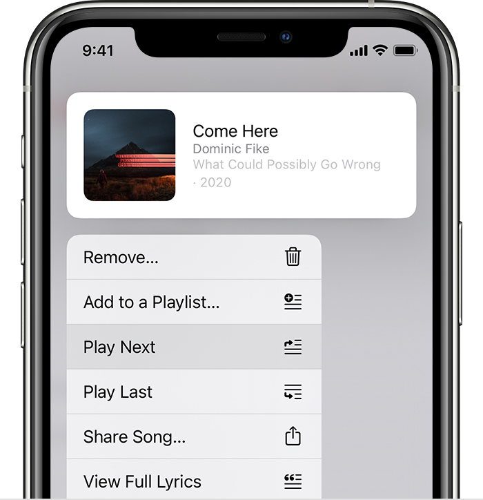 iPhone näitab laulu, mis on valitud järgmiseks esitamiseks