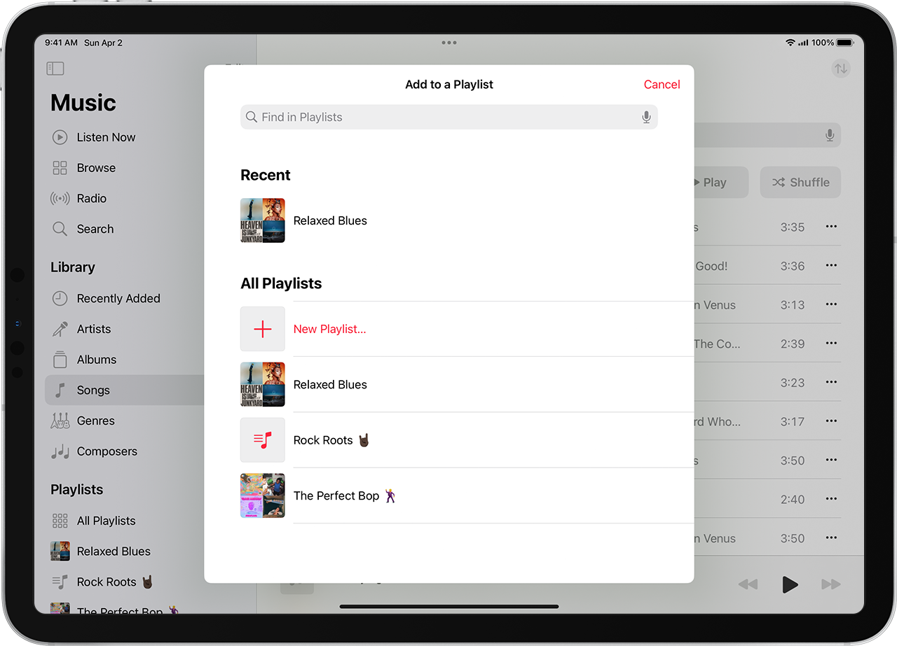 iPad showing adding music to an existing playlist