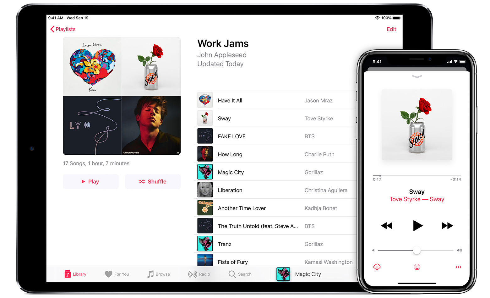 iPad showing a playlist called Work Jams and iPhone showing a song from that playlist in Now Playing.