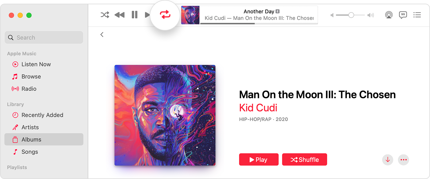 Apple Music app showing repeat is turned on at the top of the window.