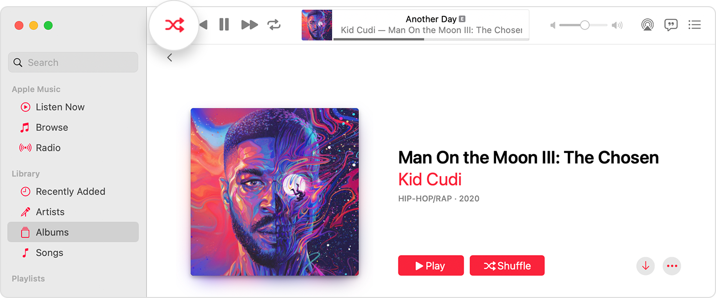 Apple Music app showing Shuffle turned on at the top of the window