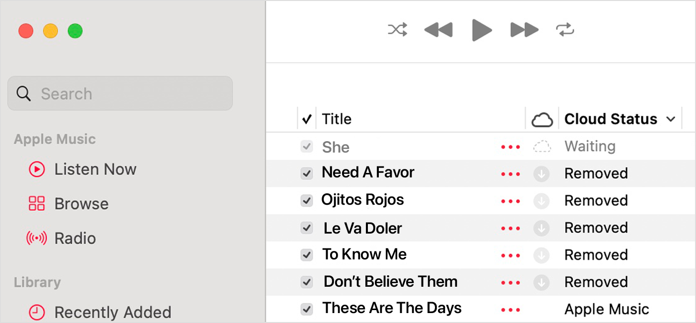 Apple Music app on Mac showing the cloud status next to songs
