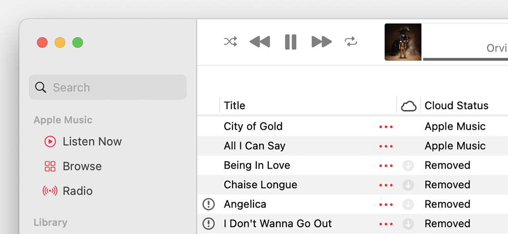 노래 옆에 클라우드 상태가 표시된 Apple Music 앱