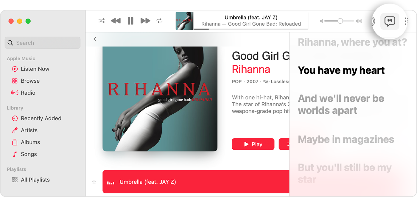 The Apple Music app on Mac showing the Lyrics button and time-synced lyrics