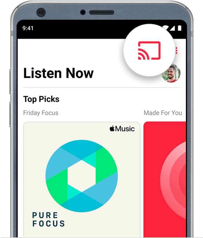 „Android“ įrenginys, kurio programos „Apple Music“ viršuje rodomas mygtukas „Cast“ (perduoti)
