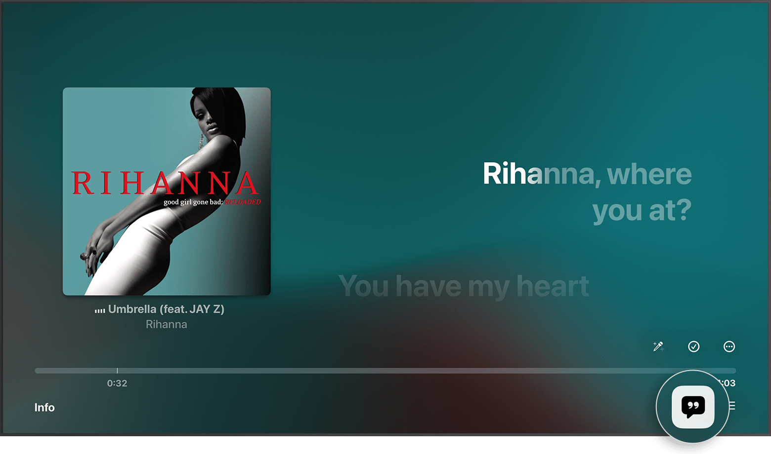 Apple TV showing time-synced lyrics for a song on the screen