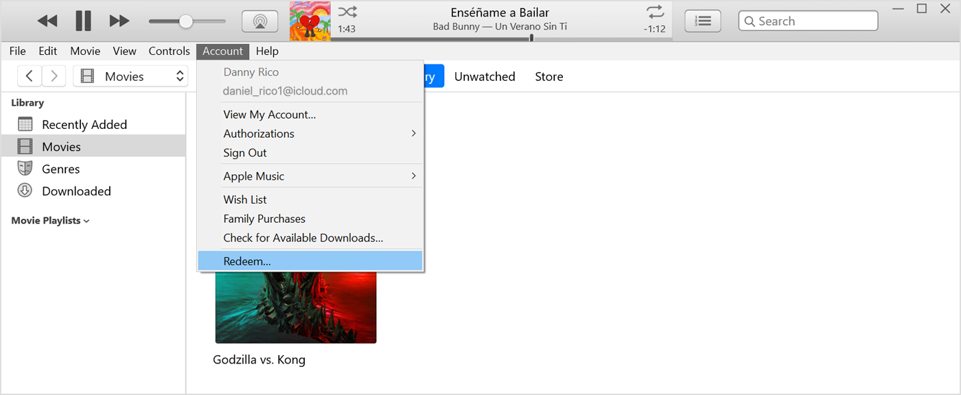 Možnost »Redeem« (Unovči) v aplikaciji iTunes za Windows v računalniku s sistemom Windows