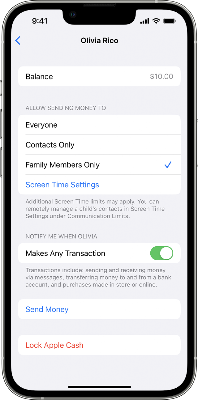 manage your child's Apple Cash account
