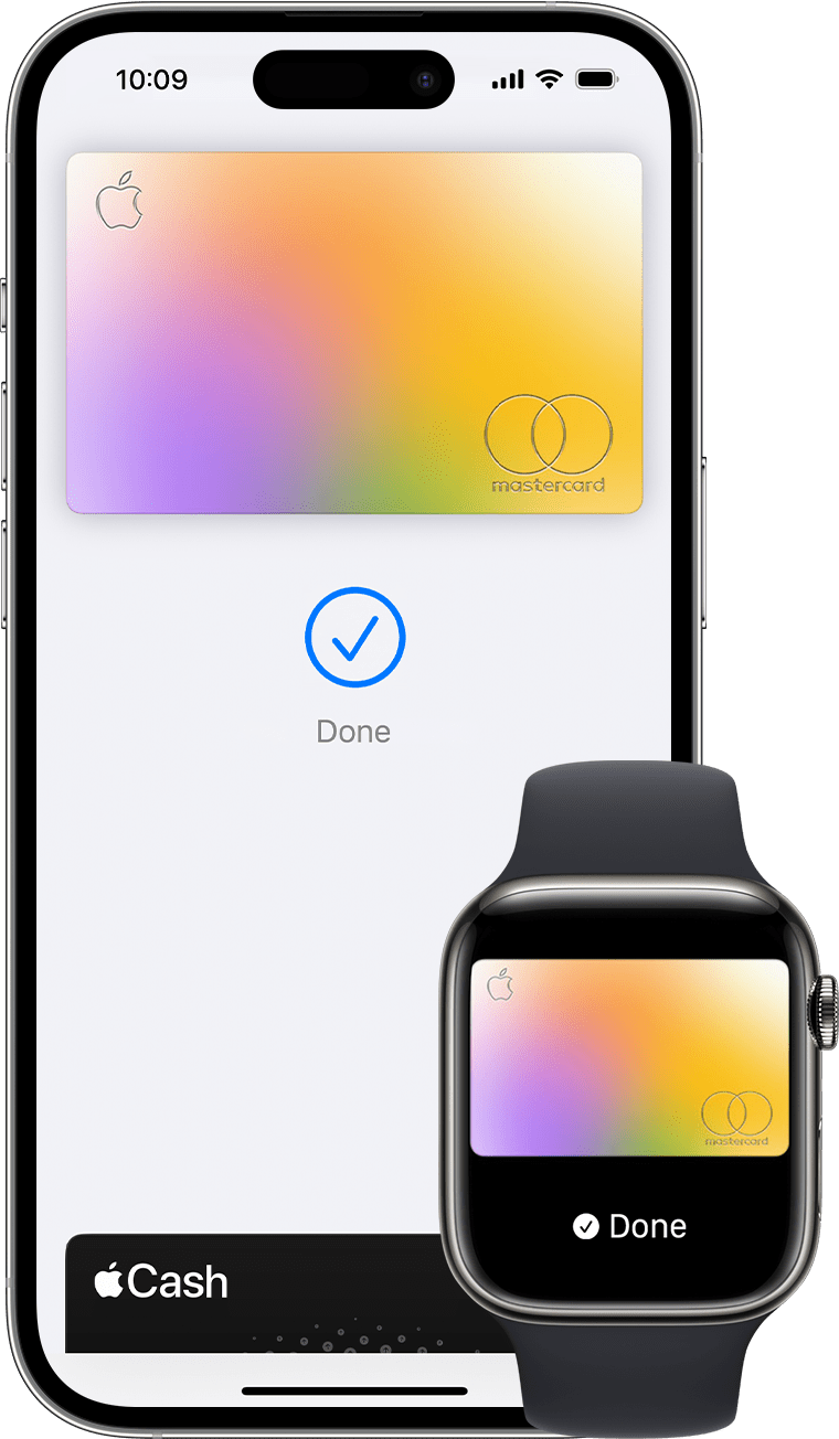 iPhone и Apple Watch, на които се показва завършено плащане с Apple Pay