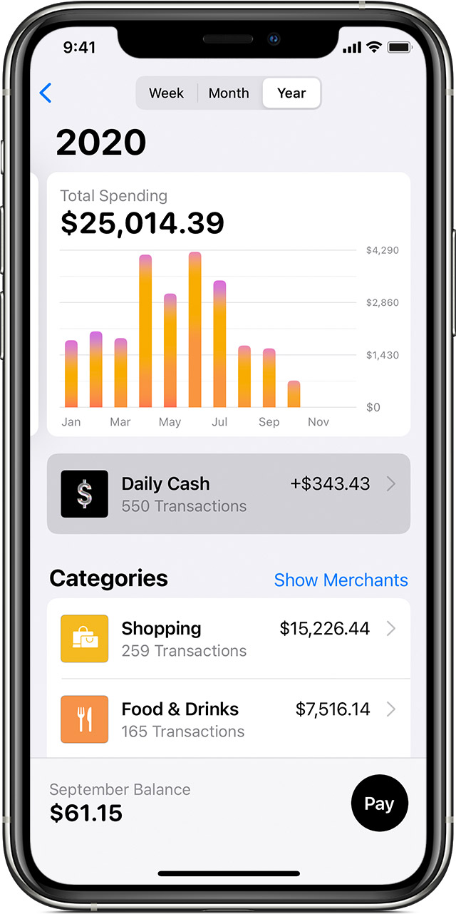 ios14 iphone 11pro wallet apple card yearly spending overview daily cash ontap