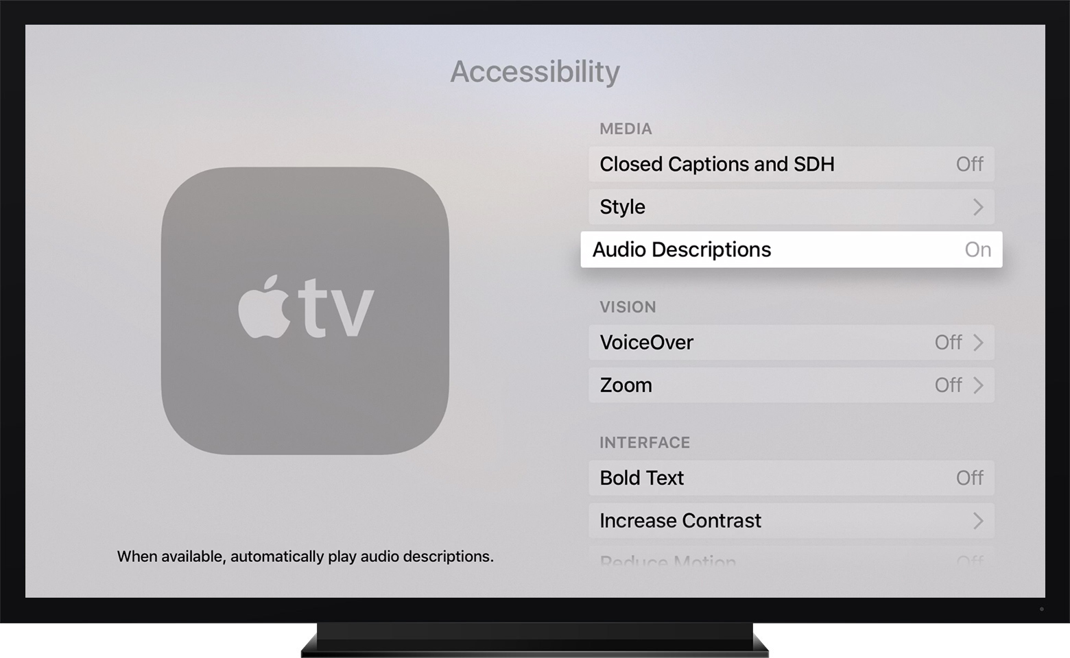 how to turn off audio description on prime video apple tv