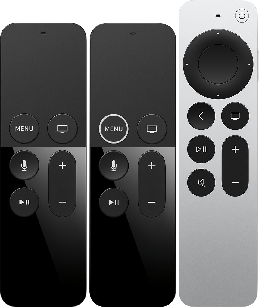 Kép egy 1. generációs Siri Remote-ról vagy egy 1. generációs Apple TV Remote-ról és egy 2. generációs Siri Remote-ról és egy 2. generációs Apple TV Remote-ról.