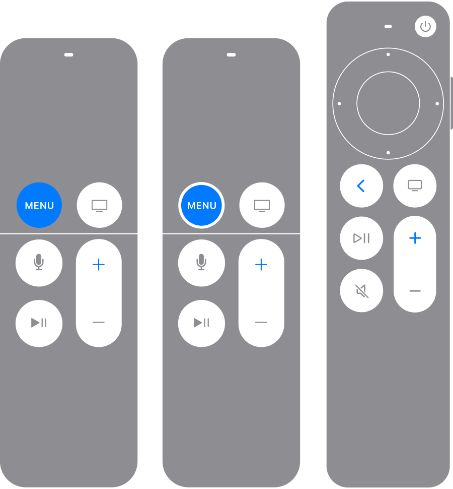 Apple TV remotes with Back (or Menu) and Volume Up buttons highlighted in blue