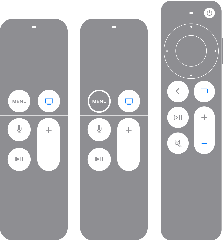 Remote Apple TV dengan tombol TV/Pusat Kontrol dan tombol Volume Turun disorot dengan warna biru