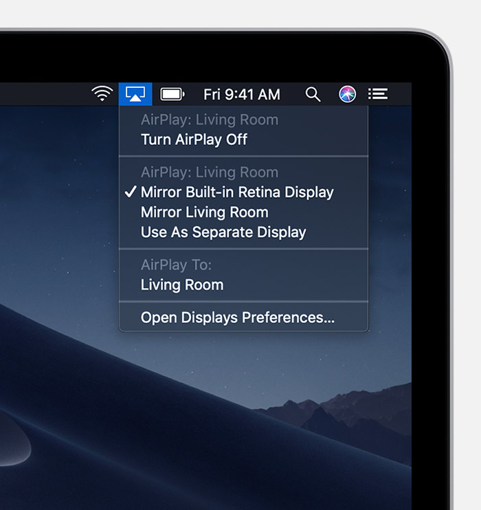 A macOS screenshot shows the AirPlay menu option selected, and Mirror Built-in Retina Display has a checkmark next to it. 