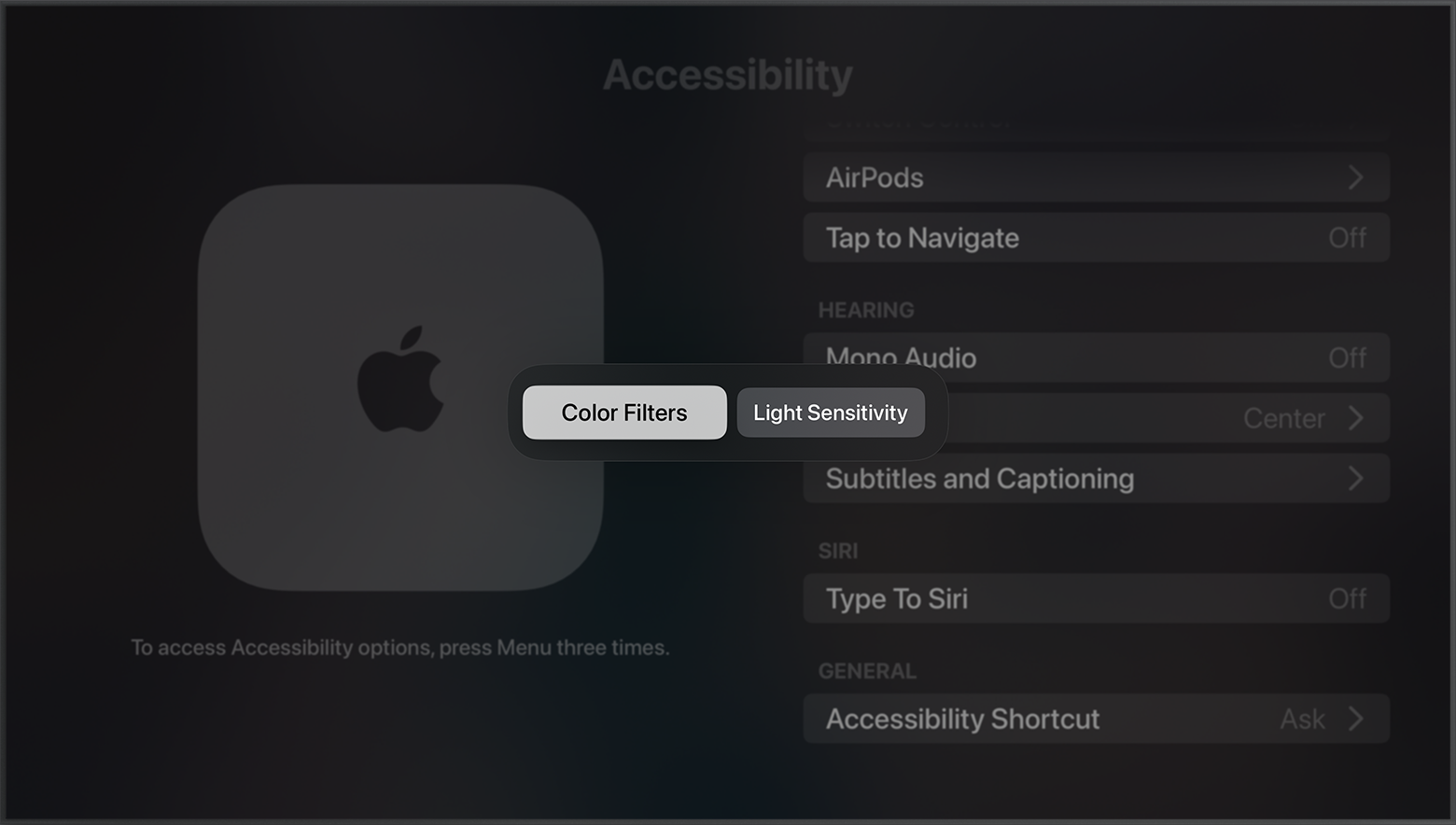 Las opciones de funciones rápidas de Filtros de color y Sensibilidad a la luz aparecen en la pantalla Accesibilidad