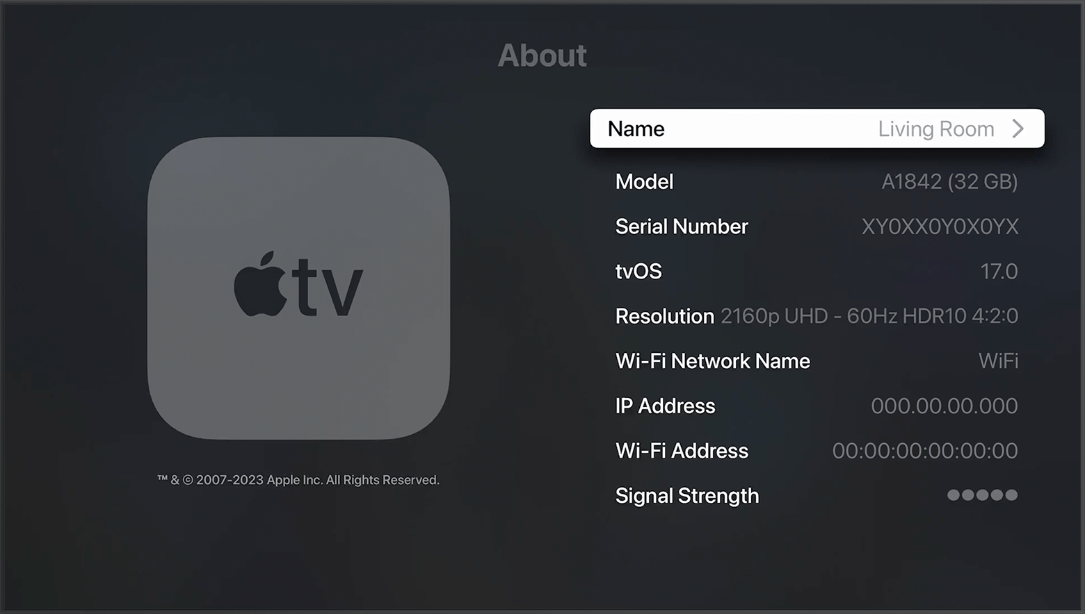 El número de serie aparece cerca de la parte superior de la pantalla Acerca de en el Apple TV